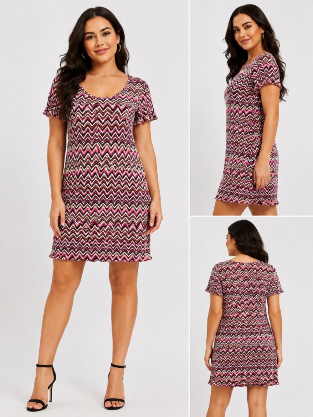 TACERA S Pink Black Chevron Zigzag Print Short Sleeve Dress